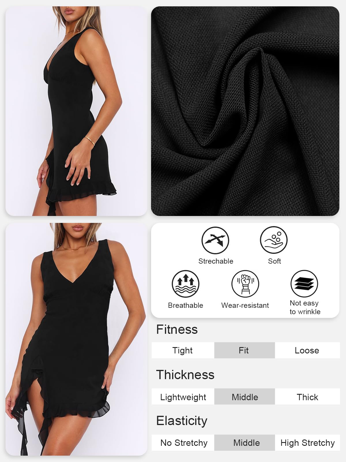 Women Sleeveless Sexy V Neck Bodycon Mini Dress Summer Side Slit Mesh Irregular Ruffle Hem Backless Short Dress