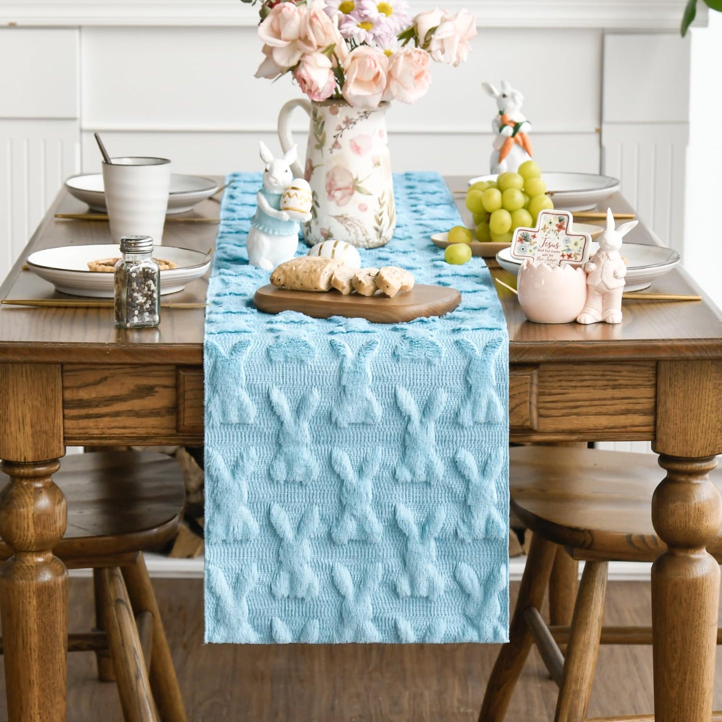 Seasonal Haze Blue Soft Plush Faux Fur Jacquard Bunny Rabbit Easter Table Runner, 13x72 Inch