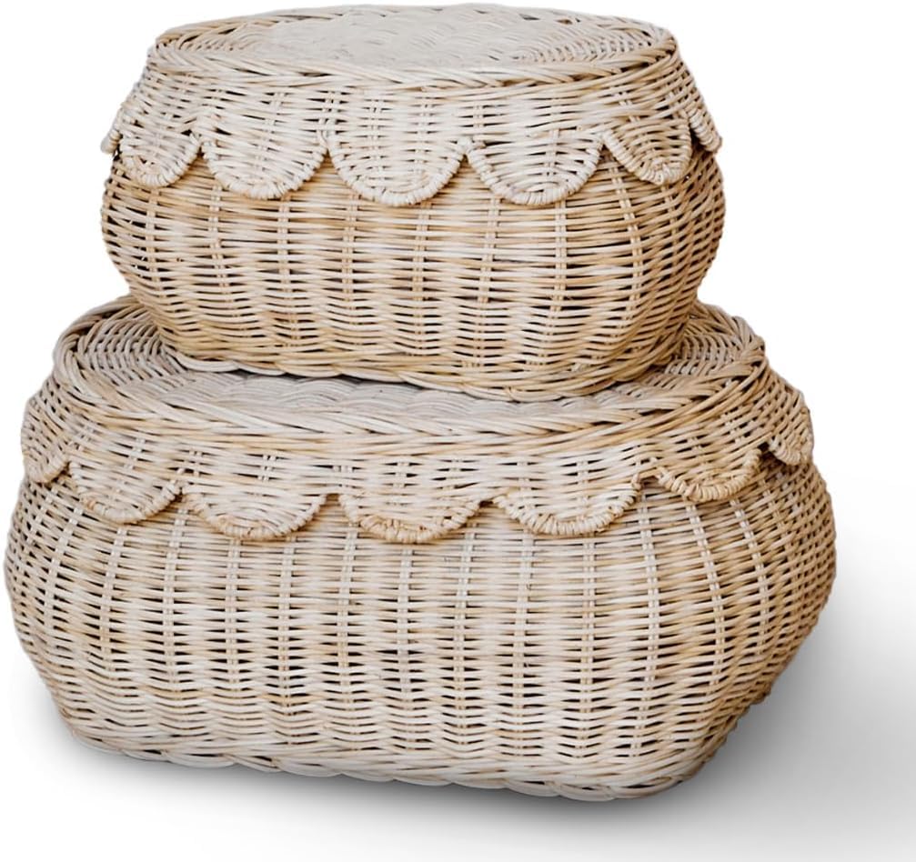 Scalloped Basket Set Of 2 – Small Scallop Basket - 15 x 10 x 6 In - Hand Woven