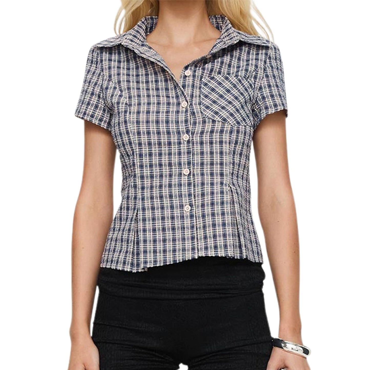 Women Y2k Coquette Button Down Shirt Cute Button Up Cap Sleeve V Neck Preppy Slim Fit Summer 90s Crop Top Blouse