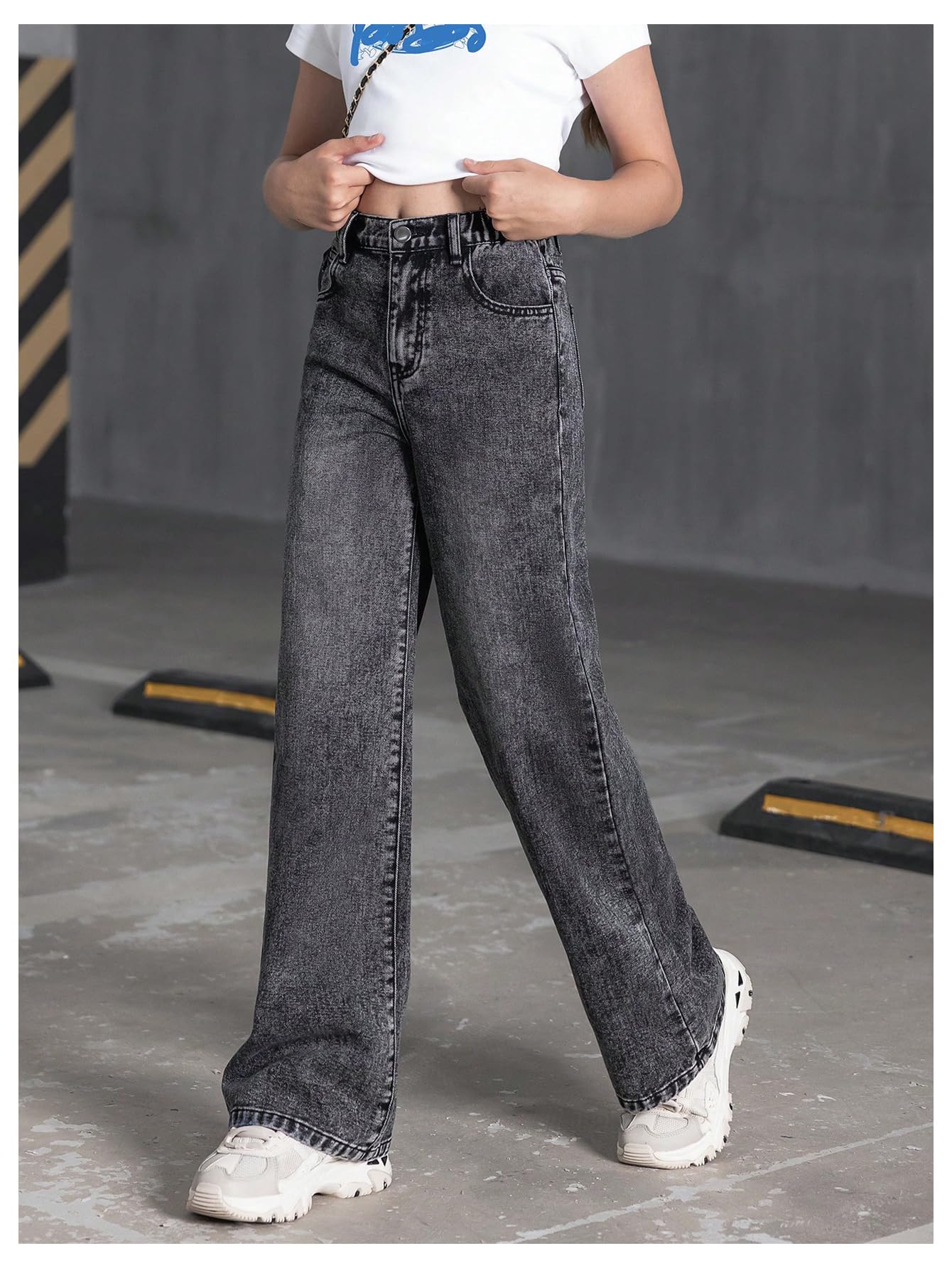 Girl's Bow Print Back Zipper Fly Elastic High Waist Denim Pants Basic Wide Leg Jeans