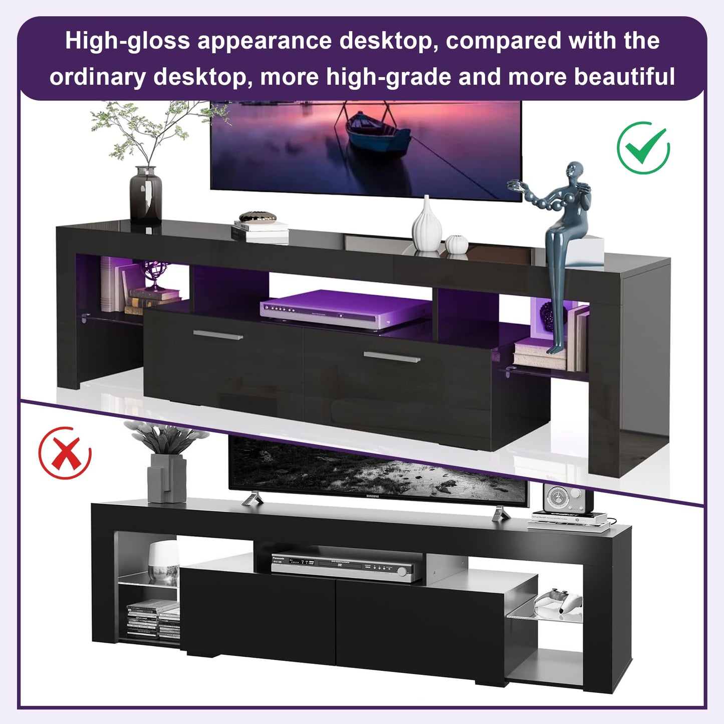 LED TV Stand with Large Storage Drawer -  Modern High Gloss TV Console Table with Entertainment Center