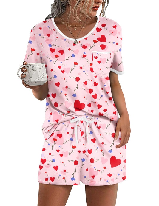 Pajama Set for 2 Piece Lounge Set Short Sleeve Tops and Shorts Soft Sleepwear, Chest Pocket