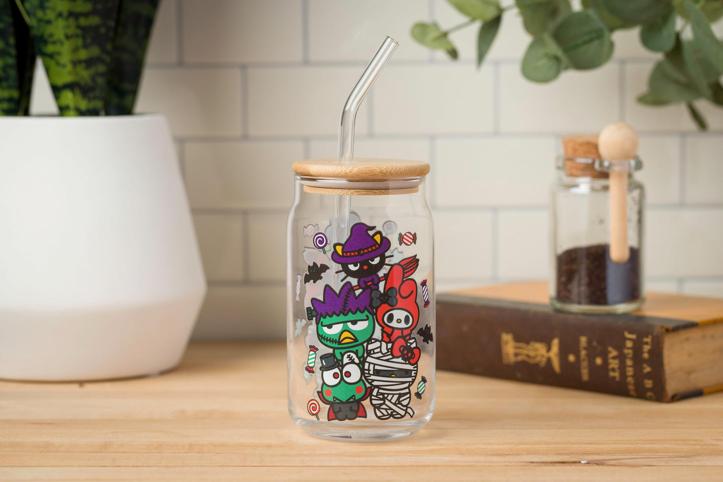 Sanrio Glass Jar Tumbler with Bamboo Lid and Glass Straw, 16 Ounces