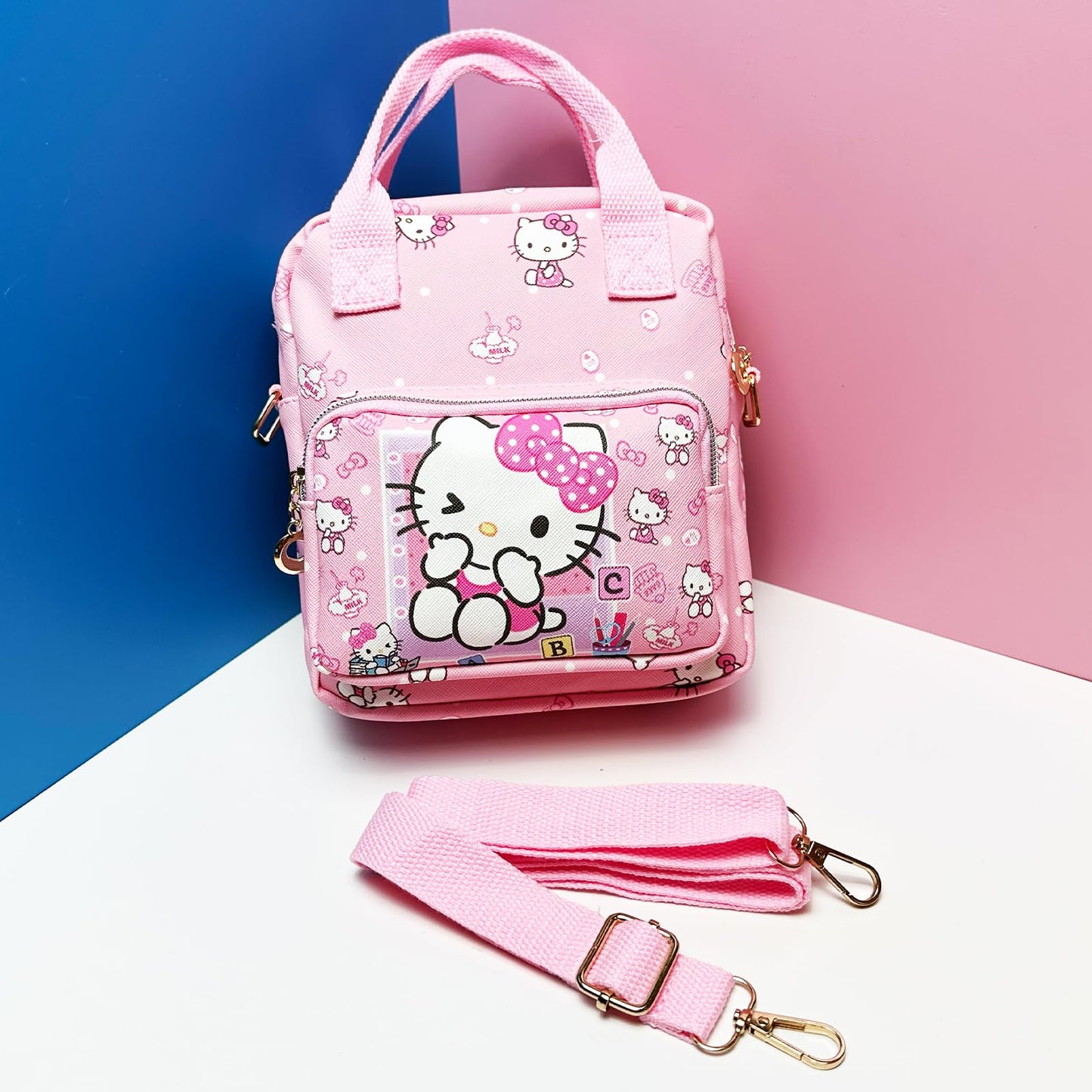 Kawaii Kitty PU Crossbody Bag with Handles Adjustable Shoulder Strap and Bracelet, Handbag with Zipper, Wallet Purse