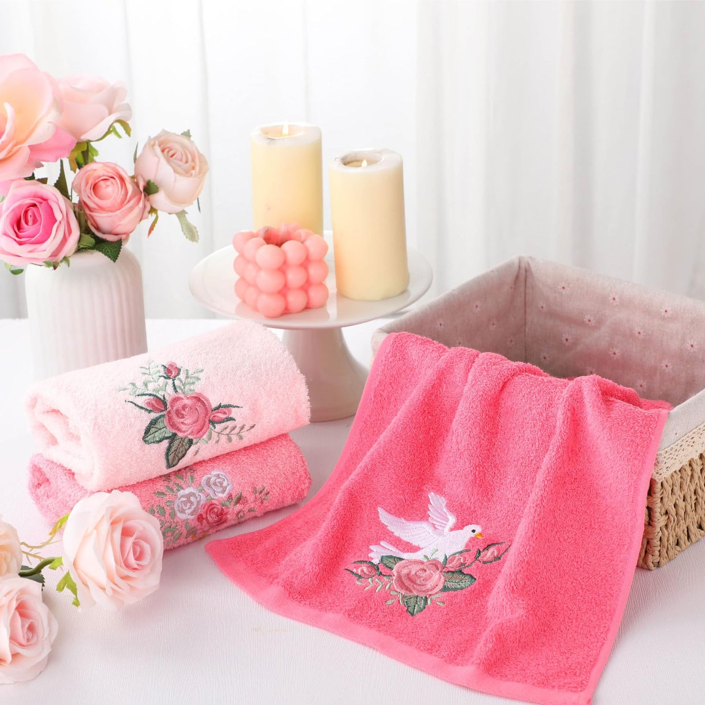 Embroidered Floral Hand Towels - Cute Summer Flowers Cotton Soft Absorbent Towels