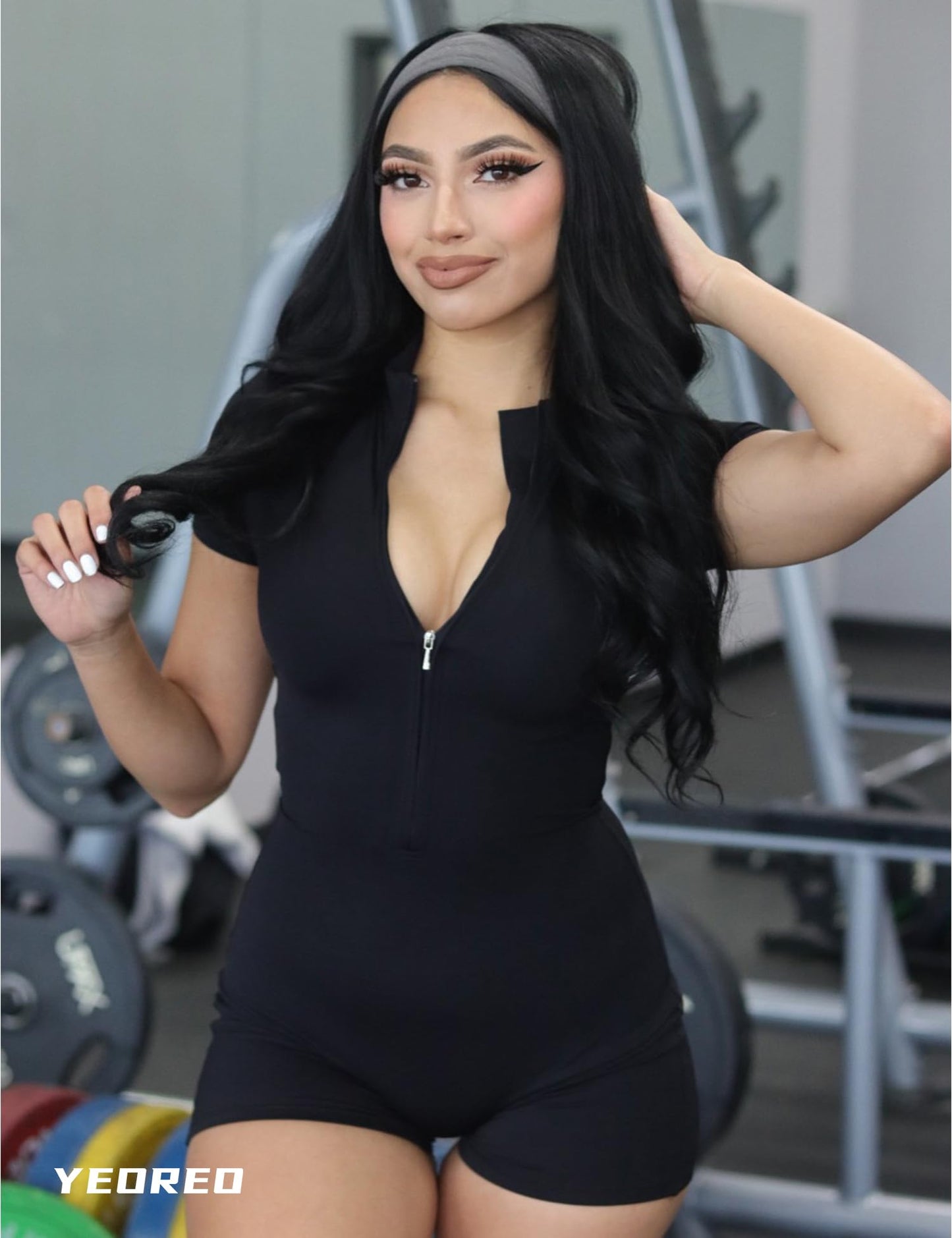 Women Short Sleeve Workout Jumpsuit - Sexy One Piece Zip Up Romper Bottom Shorts Bodysuit Bodycon