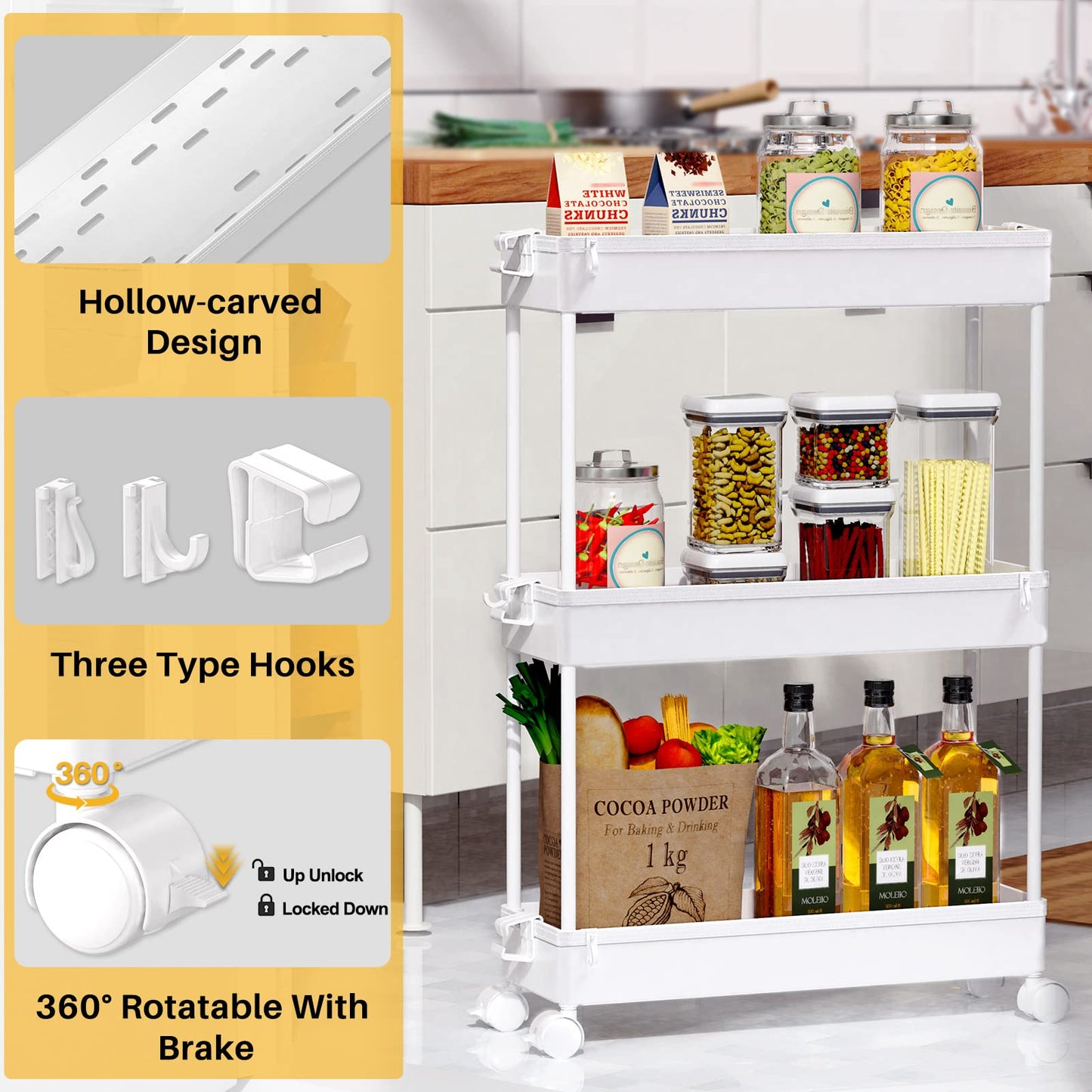 Slim Rolling Storage Cart, 3 Tier Bathroom Organizer