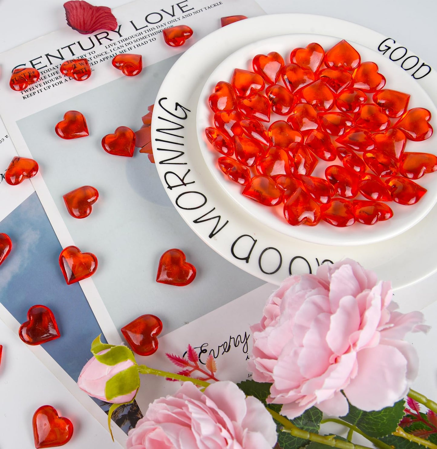 Red and Pink Acrylic Heart Shaped Gems for Valentine's Day and Wedding Decorations 210-Piece