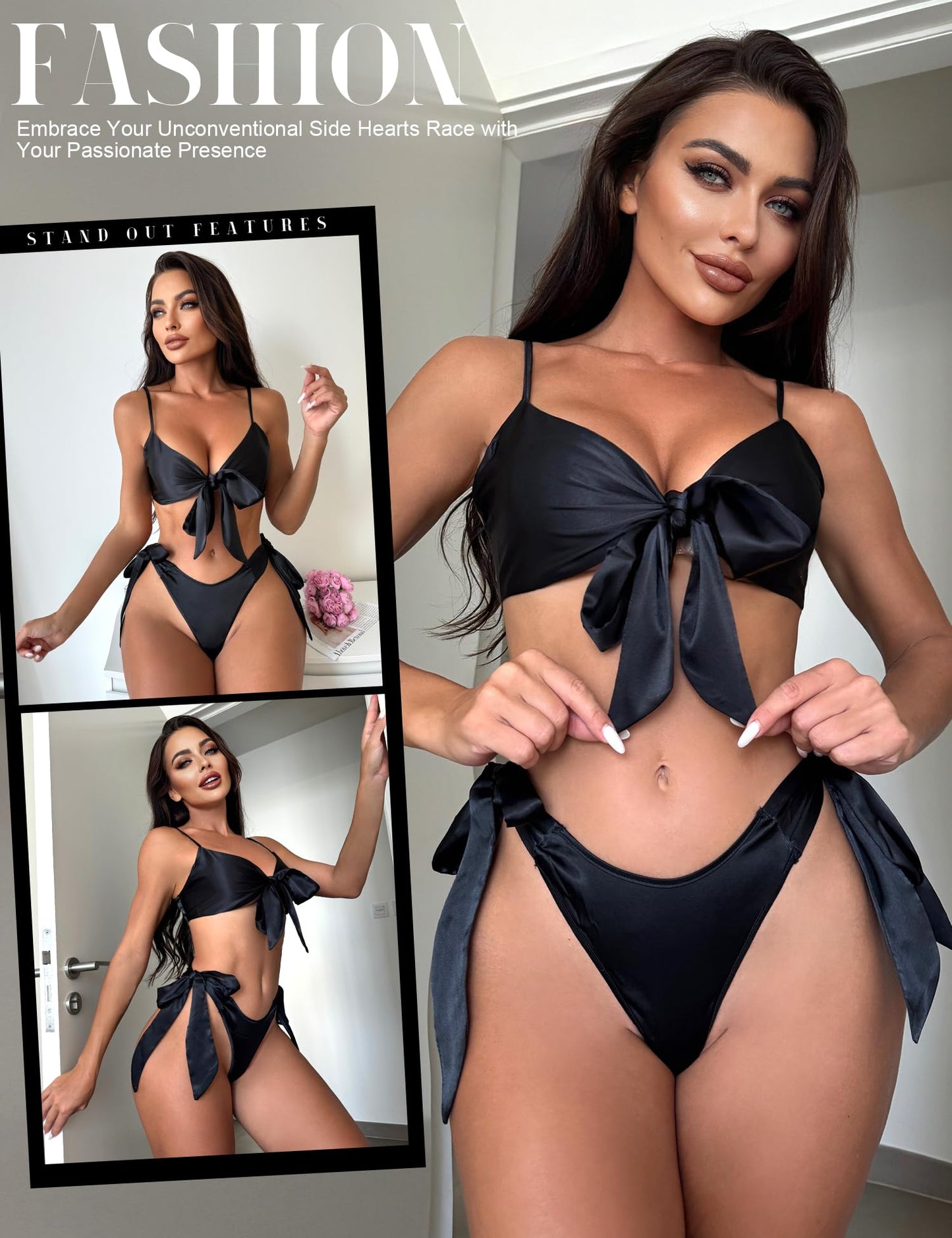 Women Sexy Lingerie Set Satin Bow Tie 2 Piece Bra and Panty Sets