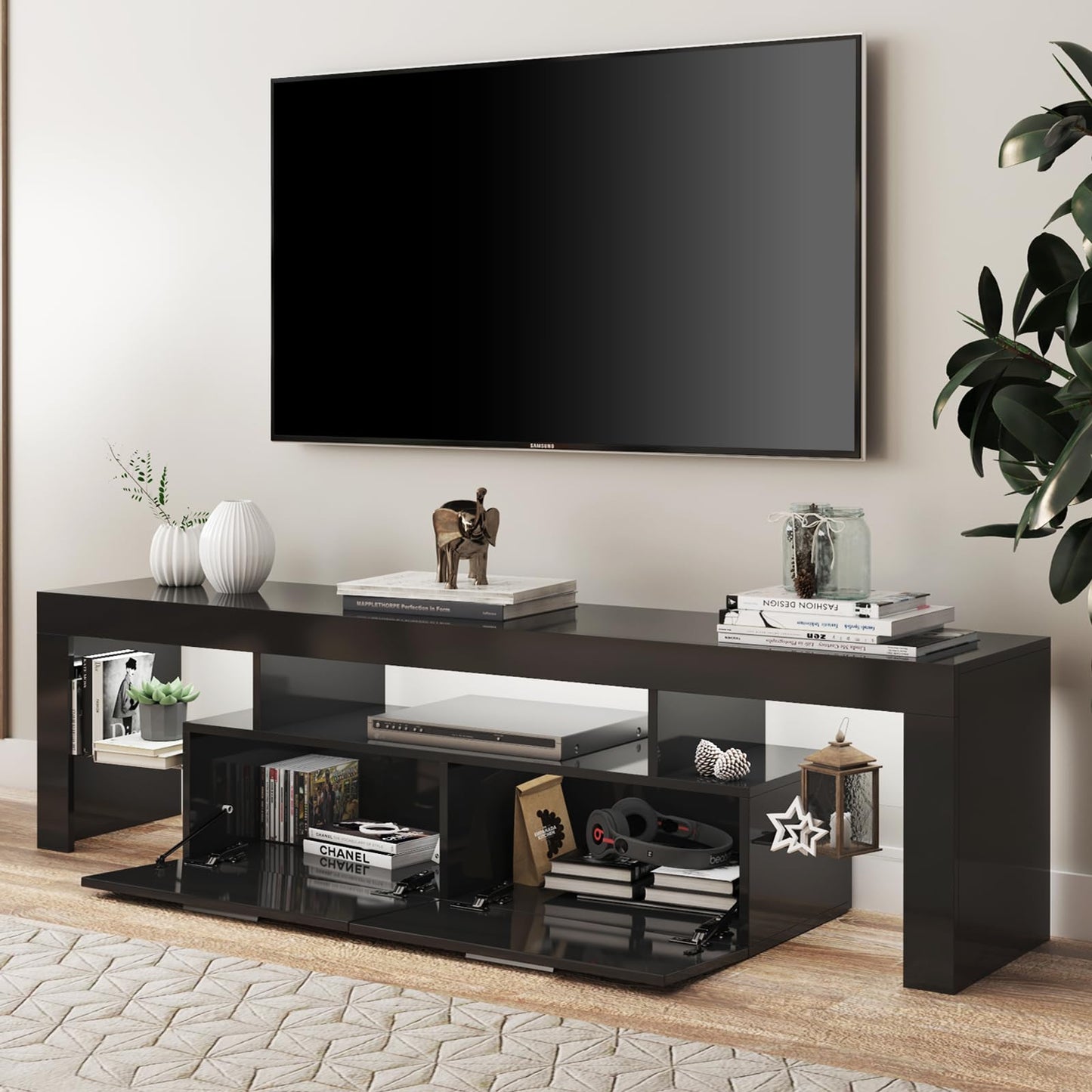 LED TV Stand with Large Storage Drawer -  Modern High Gloss TV Console Table with Entertainment Center