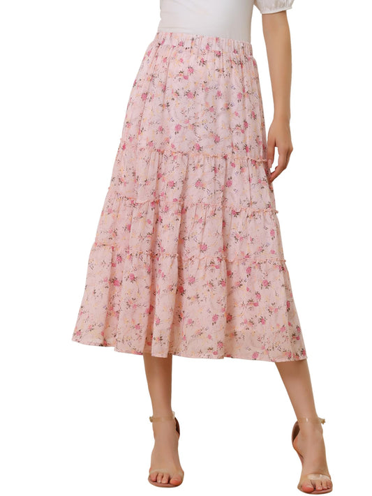 K Women's Floral Skirt Chiffon A-line Long Tiered Ruffle Boho