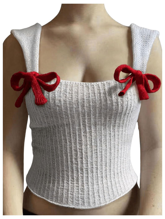 Women's Bow Knot Square Neck Sleeveless Knitted Tank Top - Slim Fit Solid Crop Knit