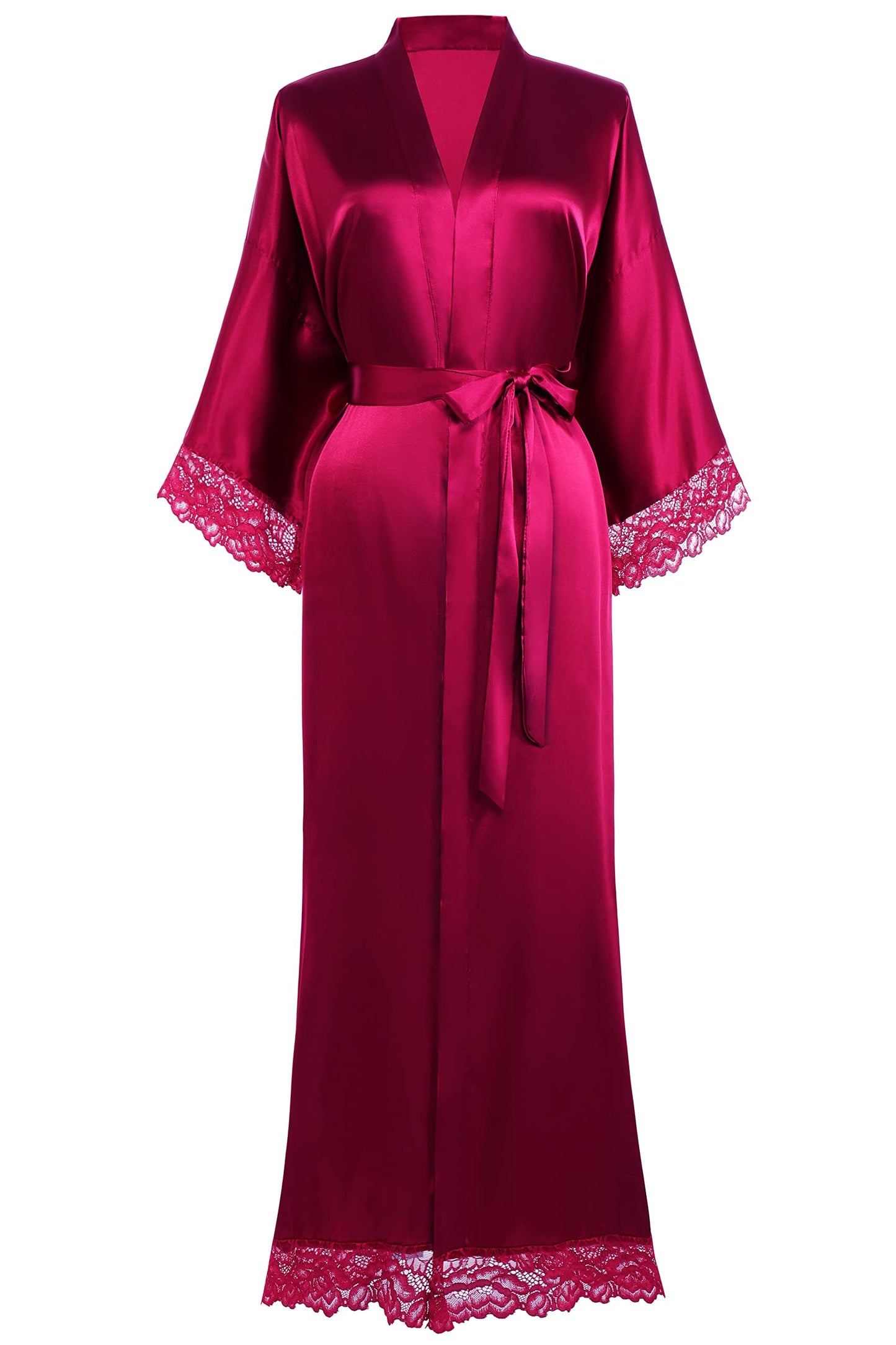 Satin Kimono Robe Silky Long with Lace Trim