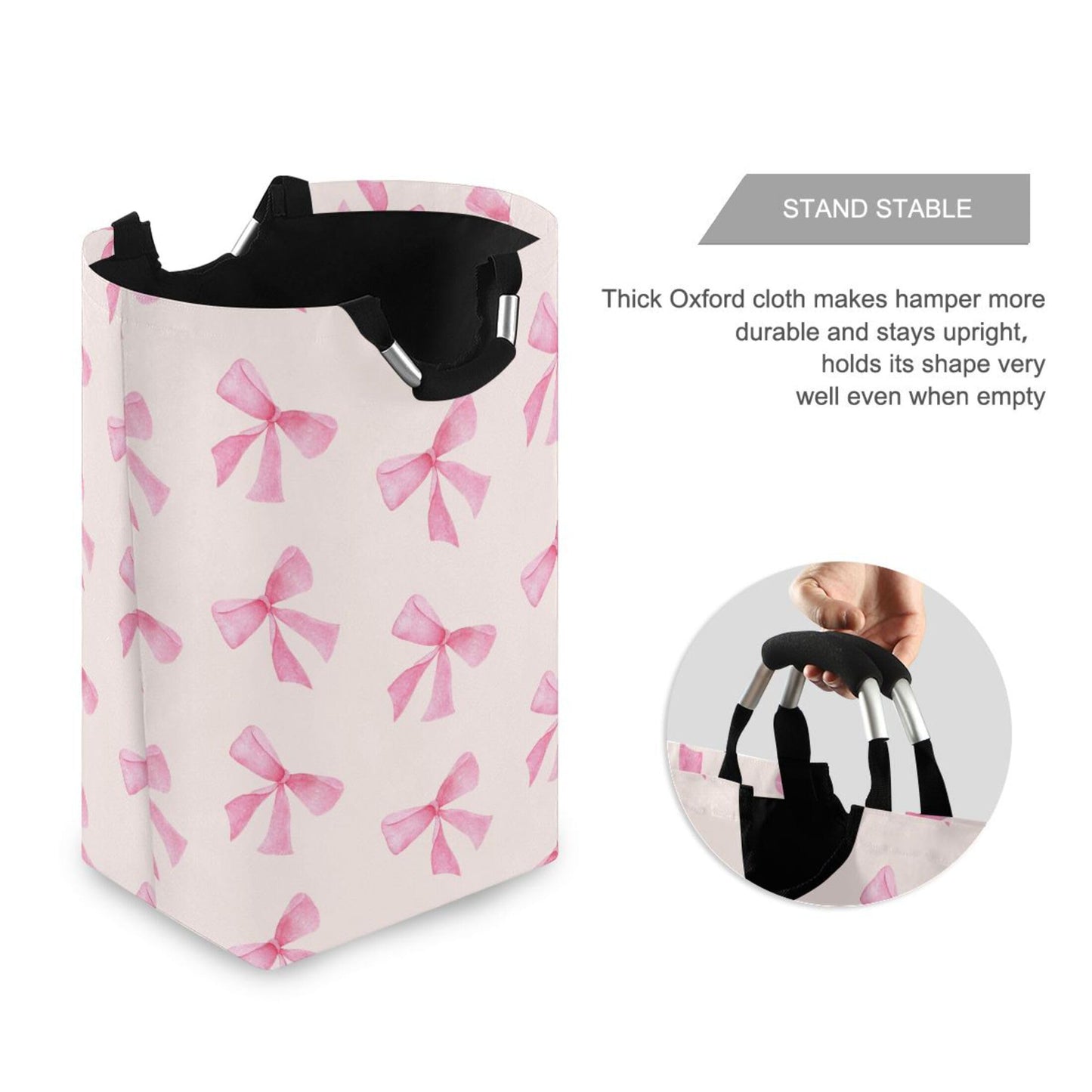 Pink Bow Large Laundry Hamper with Handle, Foldable Clothes Hamper Collapsible Storage Basket