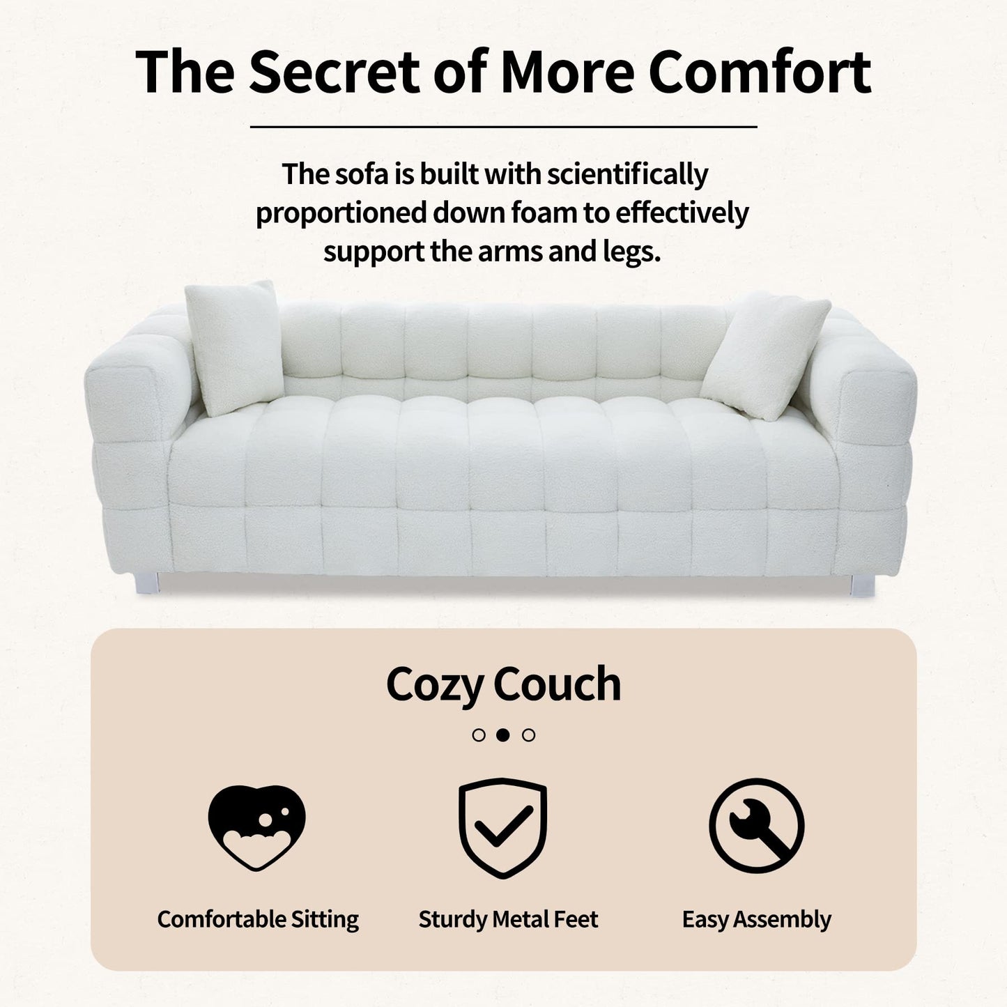 Modern Sofa Couch with Metal Legs Upholstered Tufted 3 Seater Couch with 2 Pillows Decor