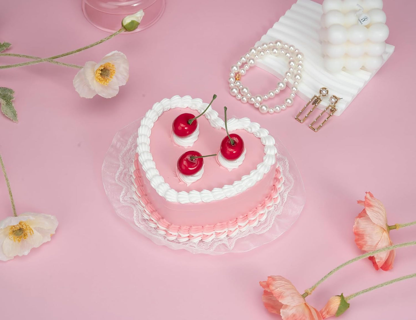 Coquette Fake Cherry Pink Cake Room Decor, Heart Shaped Jewelry Box