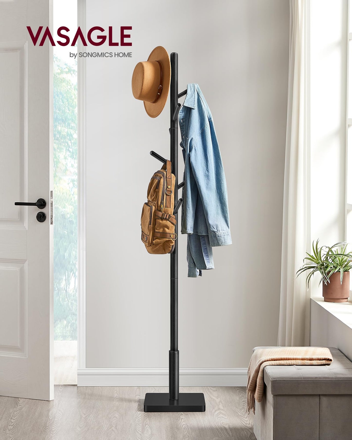 Solid Wood Coat Rack – Free-Standing Tree with 8 Hooks, Adjustable Height for Coats, Hats, and Bags