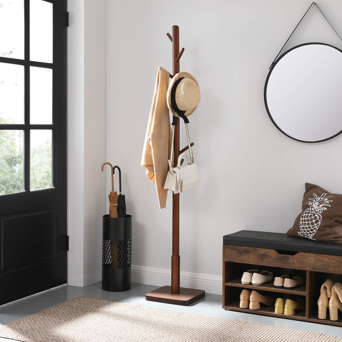 Solid Wood Coat Rack – Free-Standing Tree with 8 Hooks, Adjustable Height for Coats, Hats, and Bags