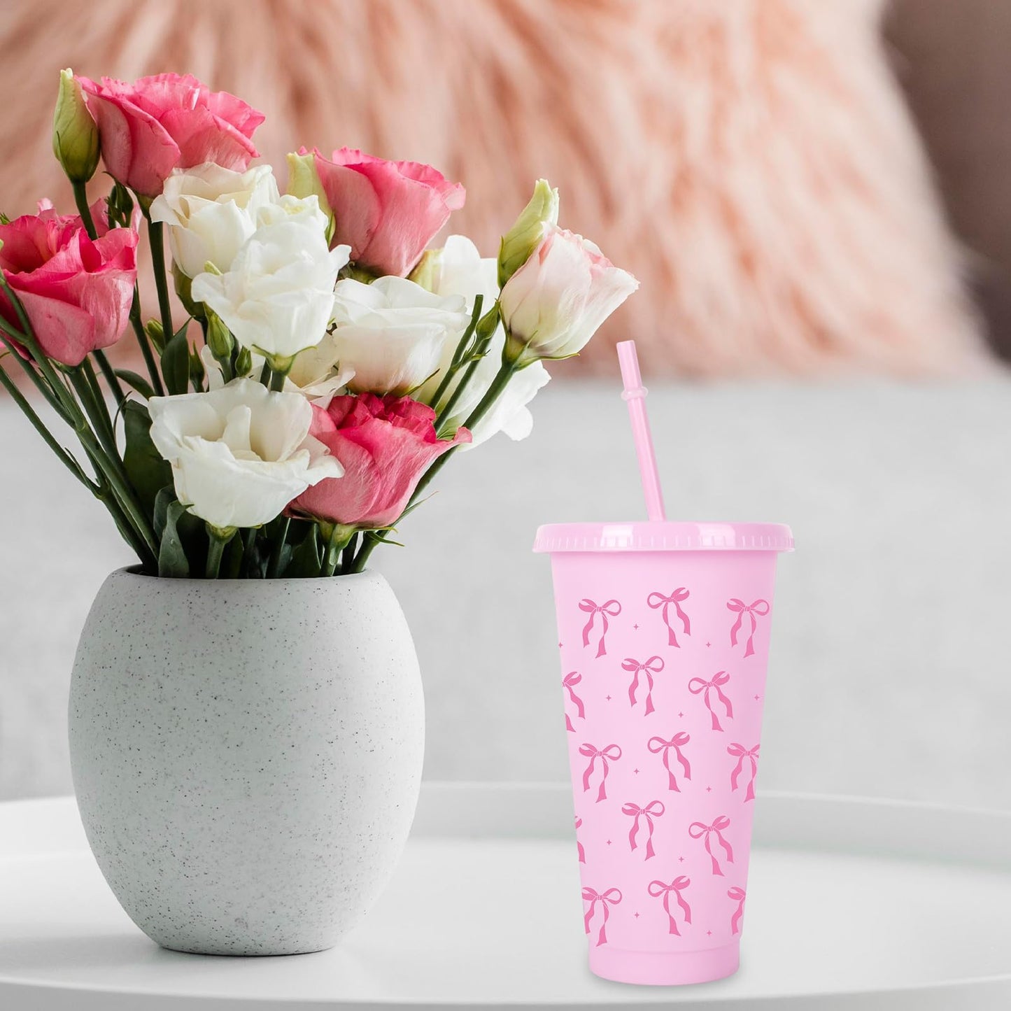 Plastic Cups with Straw and Lid Ribbon