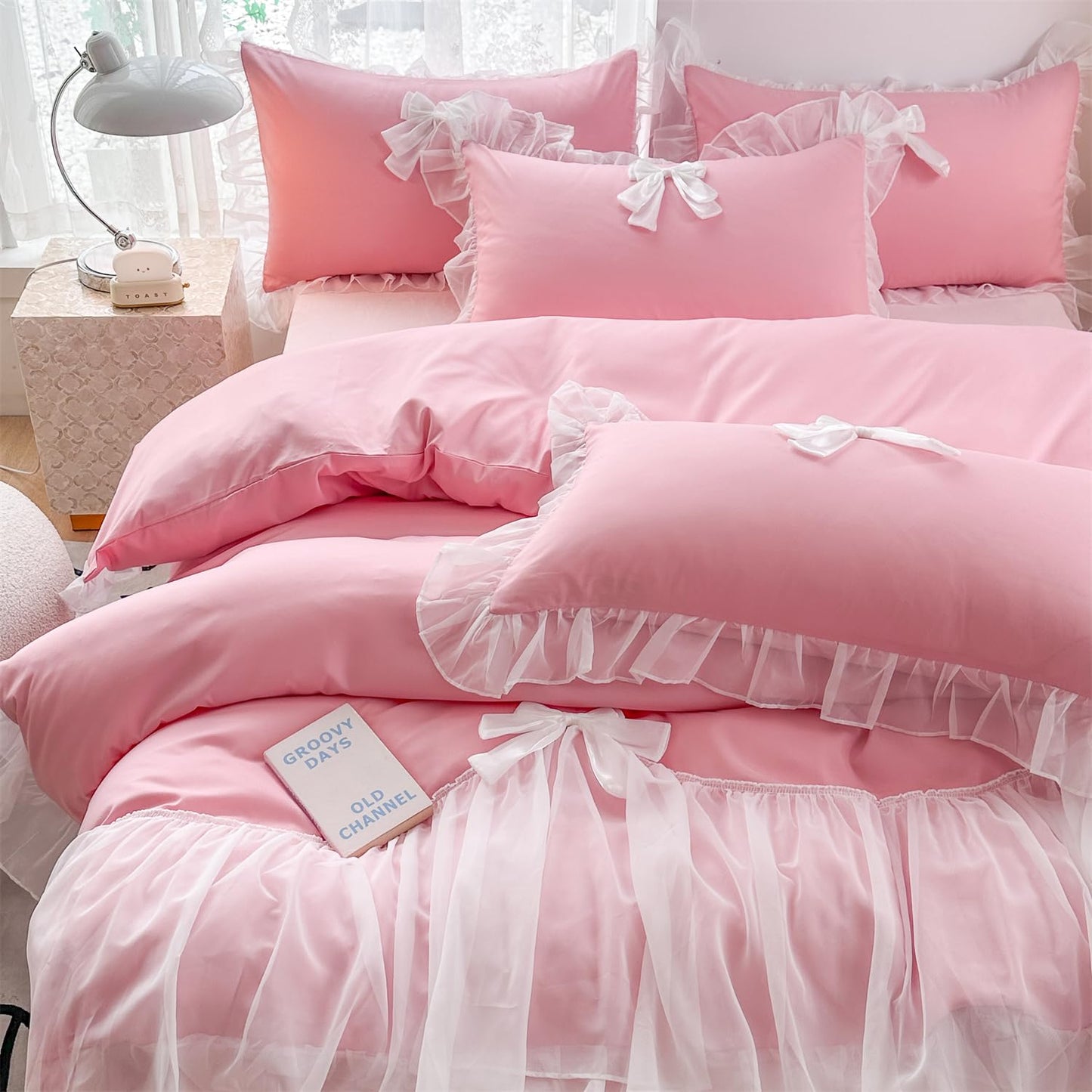 Princess Style Lace Bedding Comforter Cover Set, Chic Ruffled Duvet Cover with Lovely Bow, 1 Duvet Cover with 2 Pillowcases, No Comforter