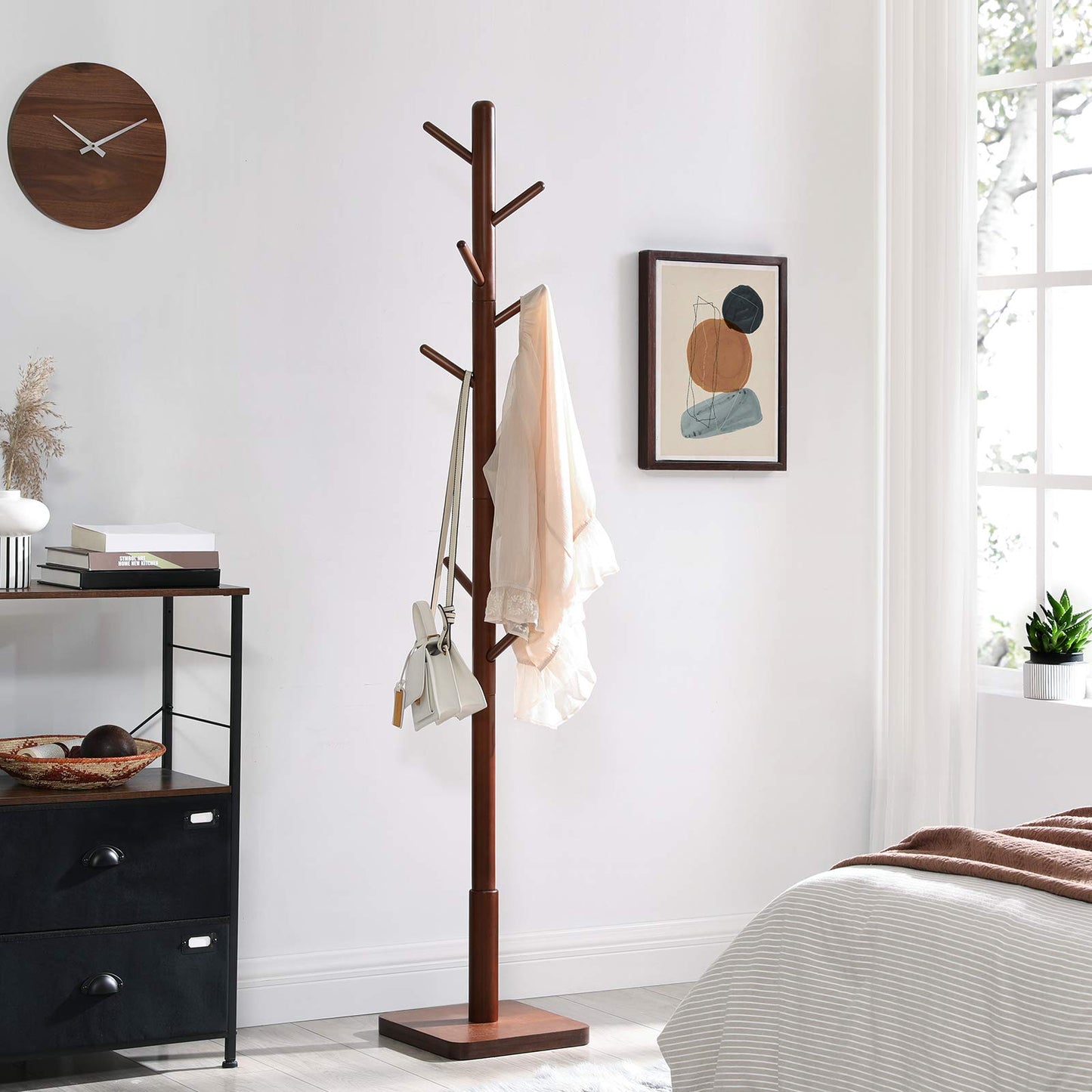 Solid Wood Coat Rack – Free-Standing Tree with 8 Hooks, Adjustable Height for Coats, Hats, and Bags