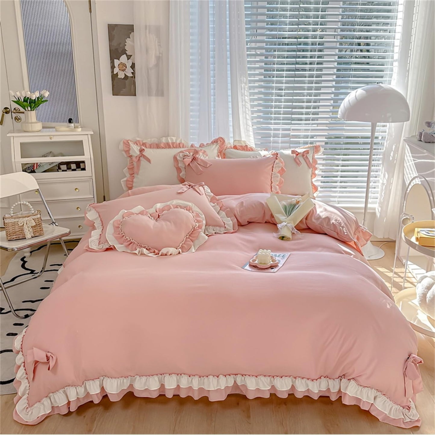 Girls Pink Bow Duvet Cover Princess Ruffle Bedding 100% Washed Microfiber 3pcs,Ruffled Duvet Cover Set