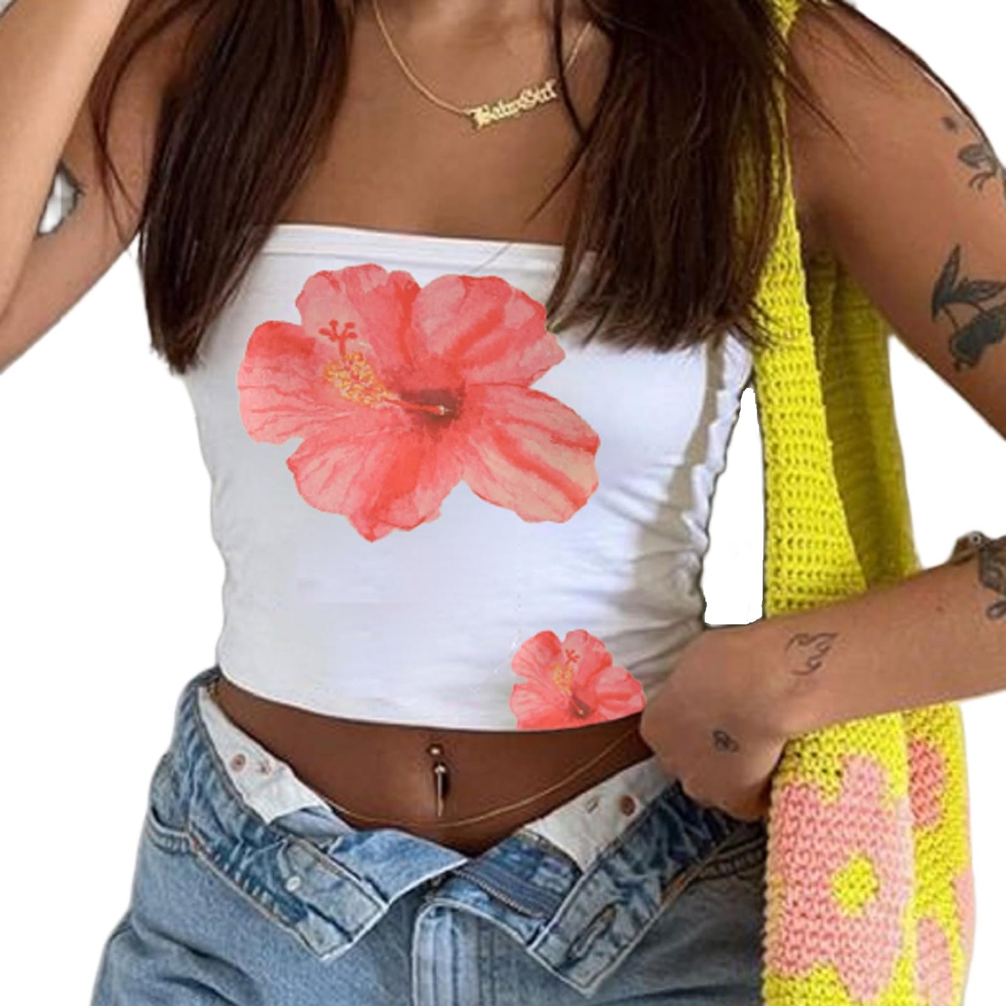 Women Y2k Floral Tube Tops Flower Print Strapless Sleeveless Bandeau Tops