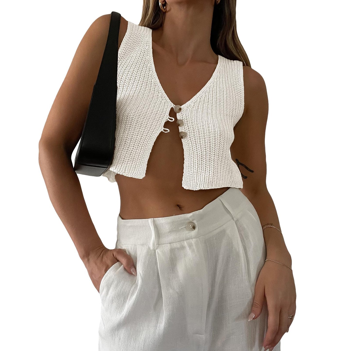 Y2k Button Down V Neck Sleeveless Crop Top Hollow Out Open Front Tank Crotchet