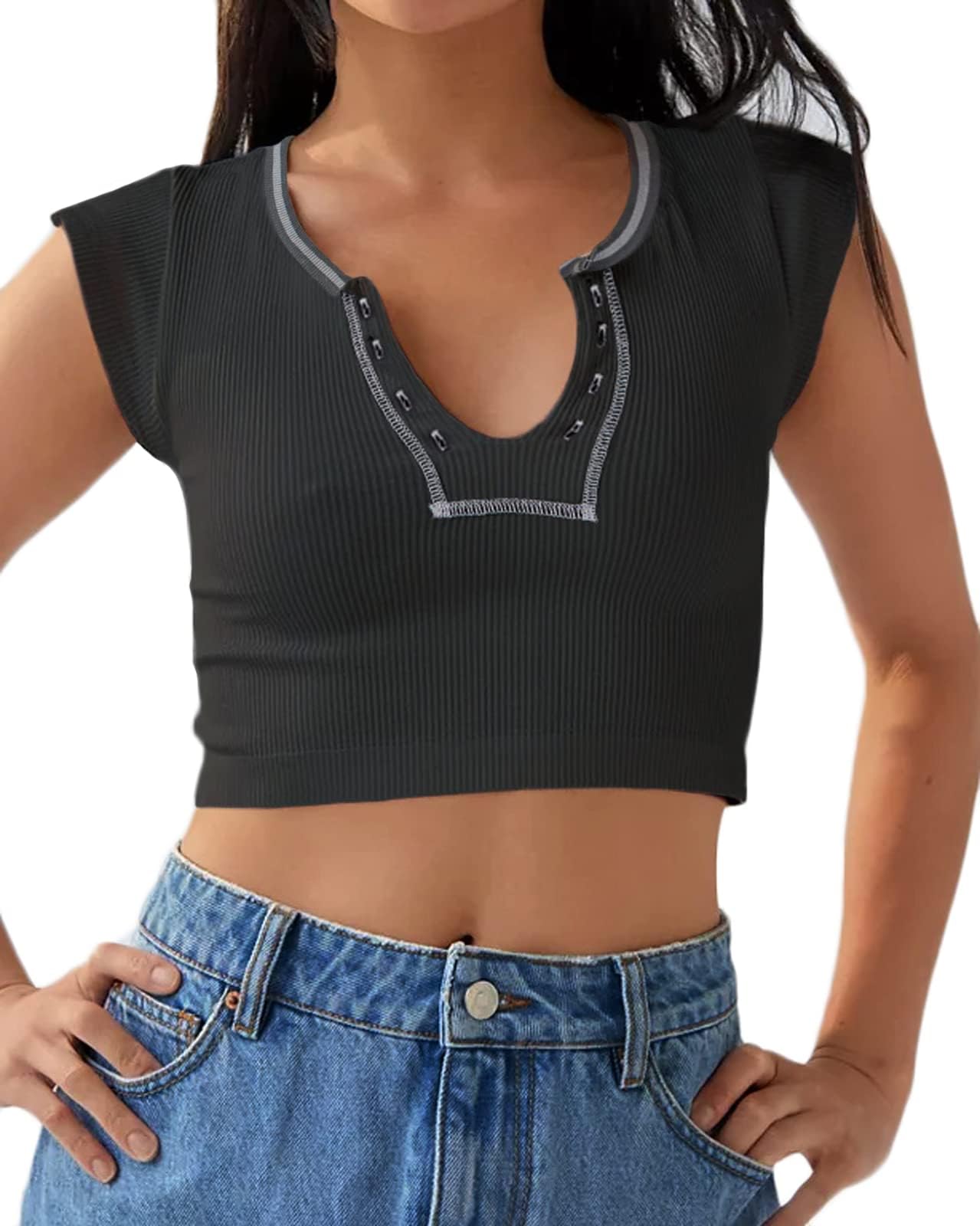 Crop Top Crew Neck T-Shirt Short Sleeve - Ribbed Knit Basic Crop Tank Top