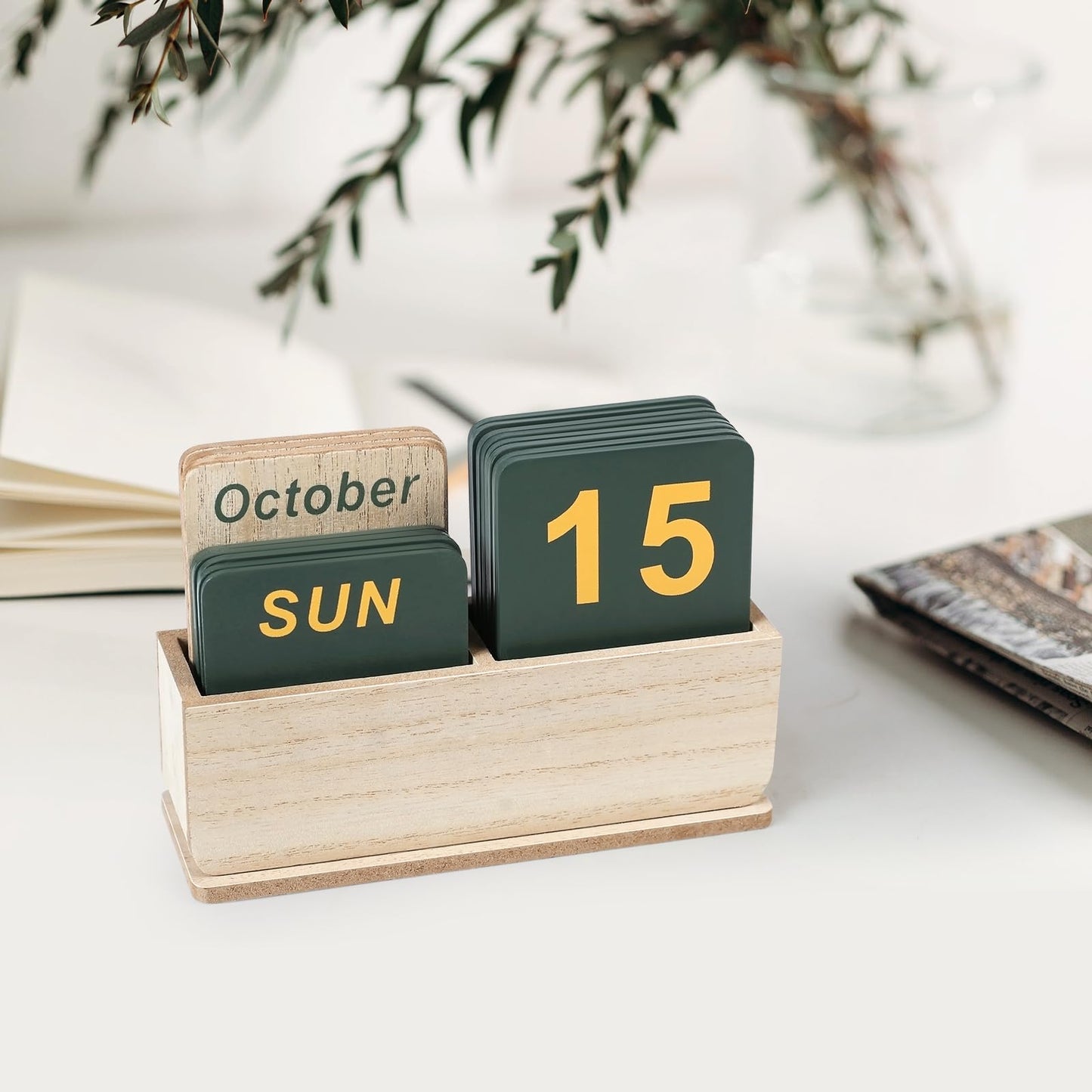 Wooden Block Perpetual Calendar for Desk, Daily Desktop Standing Flip Calendar with Large Display