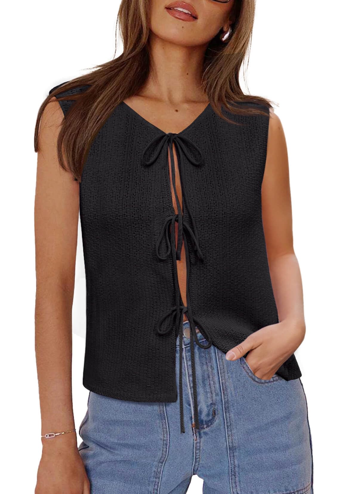 Tie Front Sweater Vest - Sleeveless Crochet Knit Tops Lightweight Cardigan