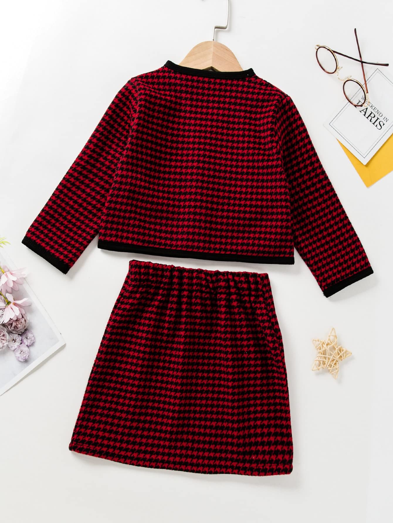 Girl's 2 Piece Houndstooth Button Front Long Sleeve Round Neck Jacket and Skirt Outfits Set