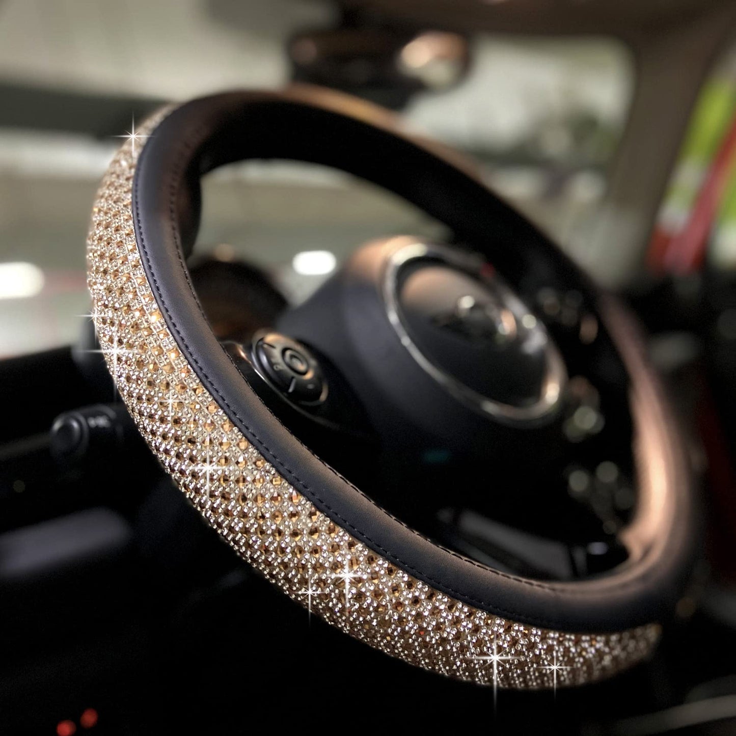 Universal Bling Bling Comfy Steering Wheel Cover with Jumbo Crystal Rhinestones, Anti-Slip Diamond Leather, 14.5-15 Inch