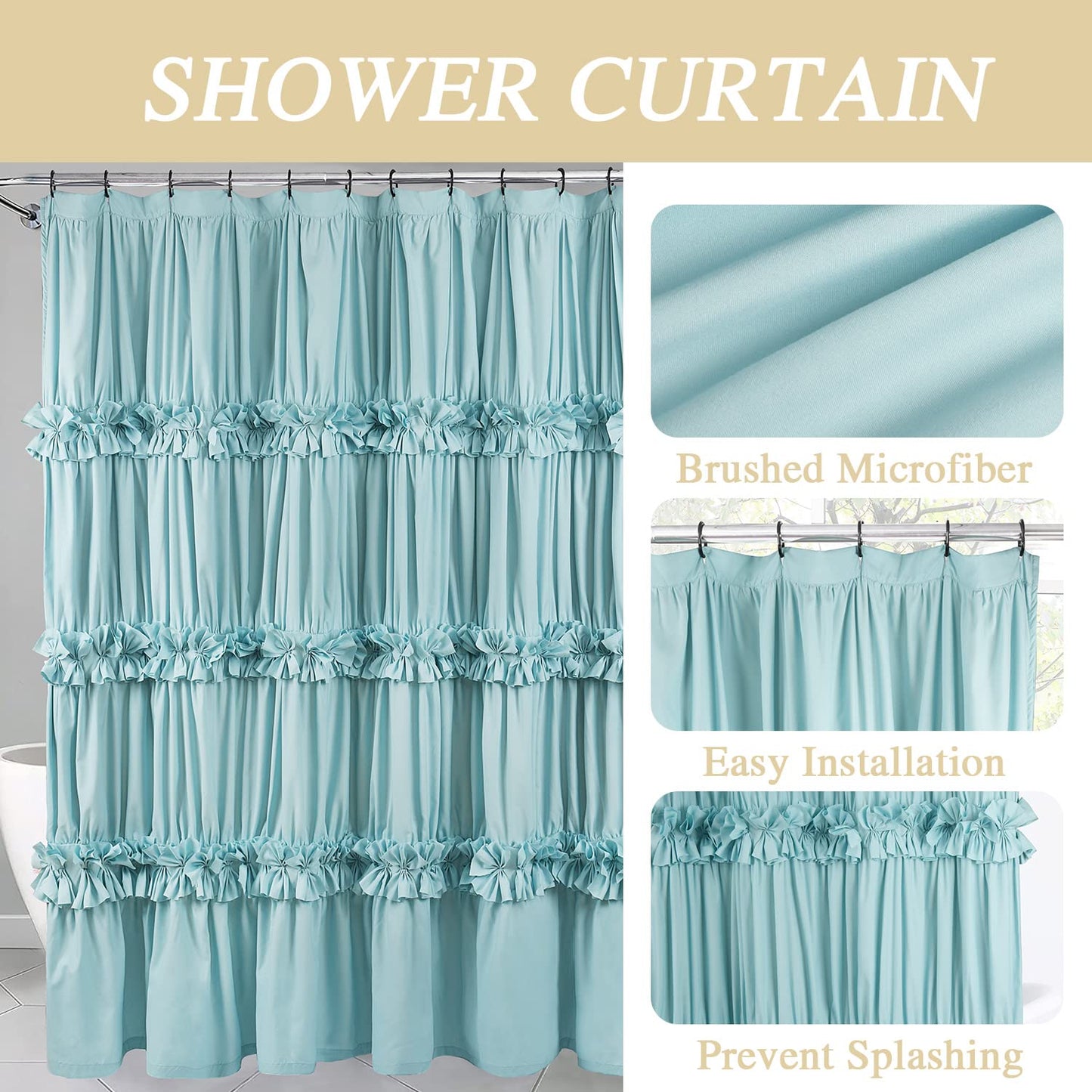 Victorian Bow Tie Ruffle Shower Curtain, with 12 Buttonholes, 72" W x 72" H, White (LQ-10)