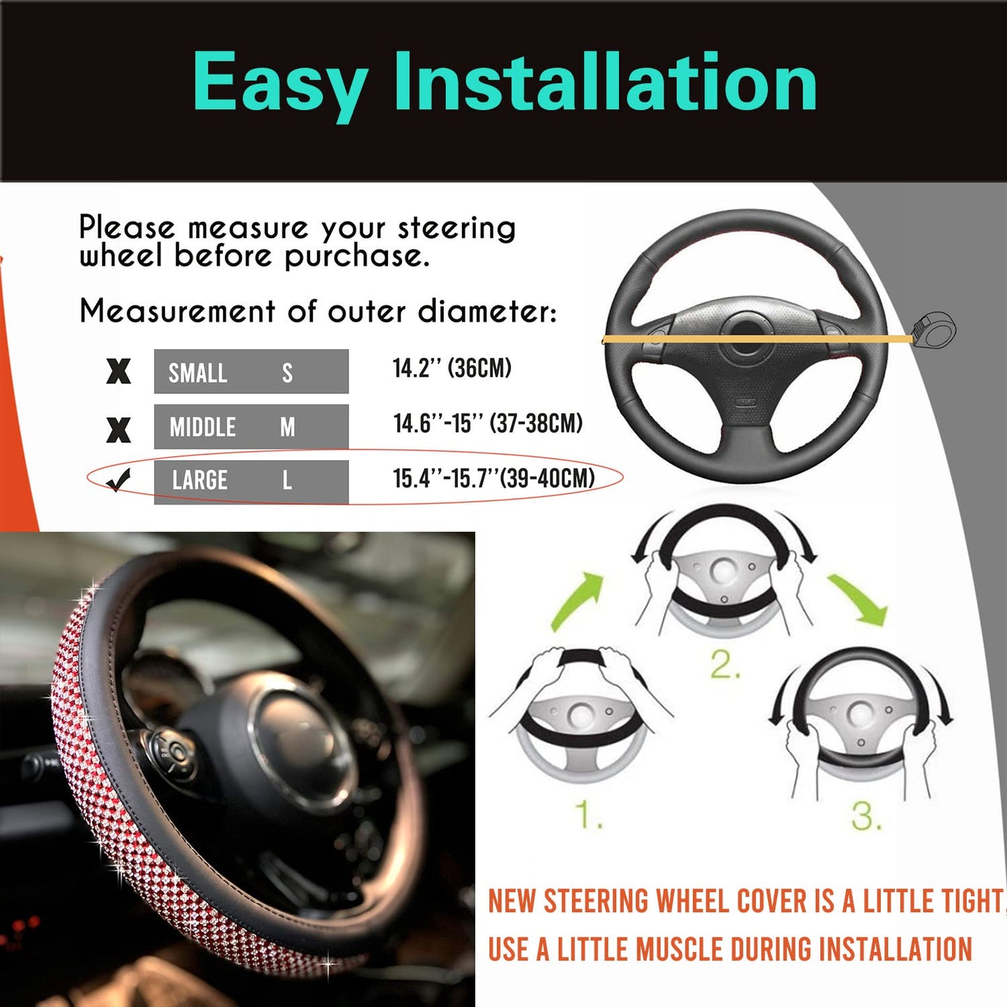 Universal Bling Bling Comfy Steering Wheel Cover with Jumbo Crystal Rhinestones, Anti-Slip Diamond Leather, 14.5-15 Inch