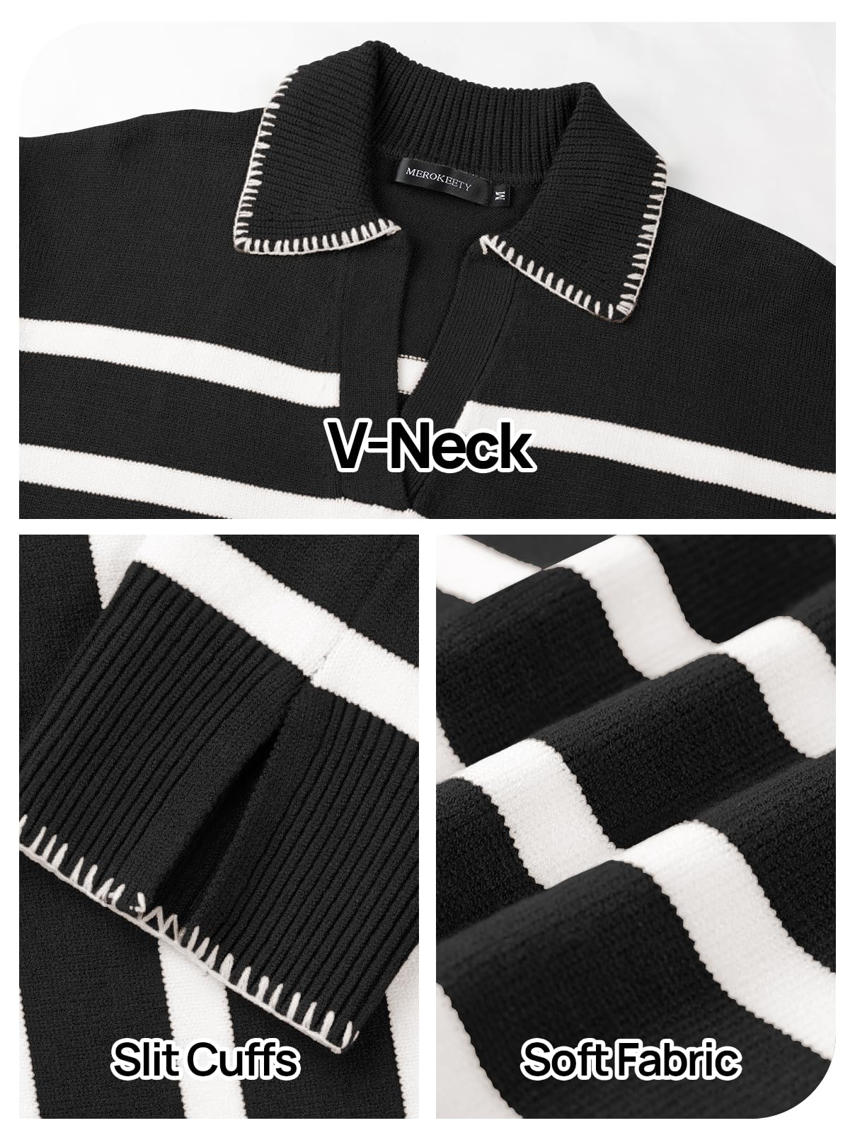 Women's Oversized Striped Sweater Collared V Neck Long Sleeve Knit Pullover