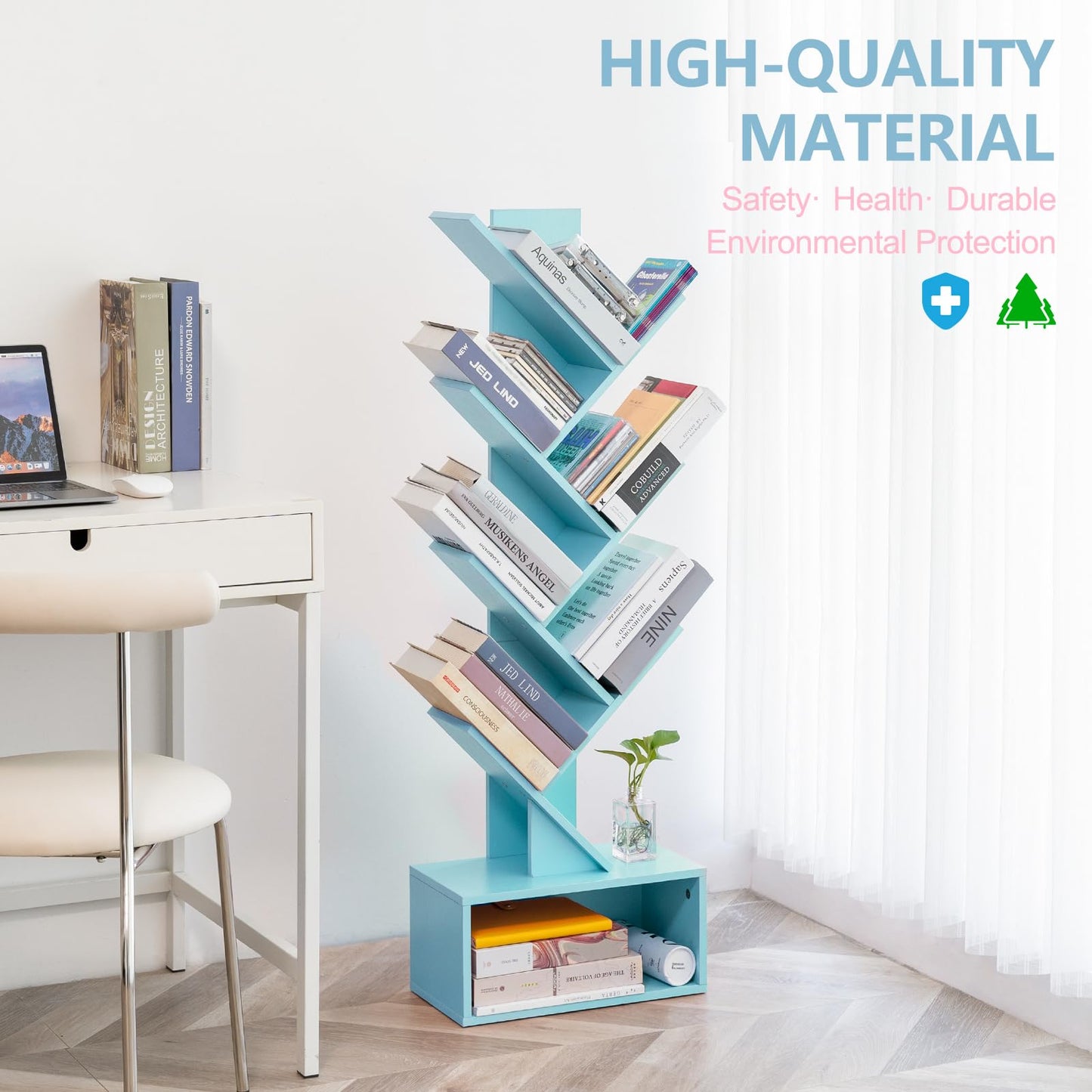 Tree Bookshelf - 6 Shelf Retro Floor Standing Bookcase, Tall Wood Book Storage Rack