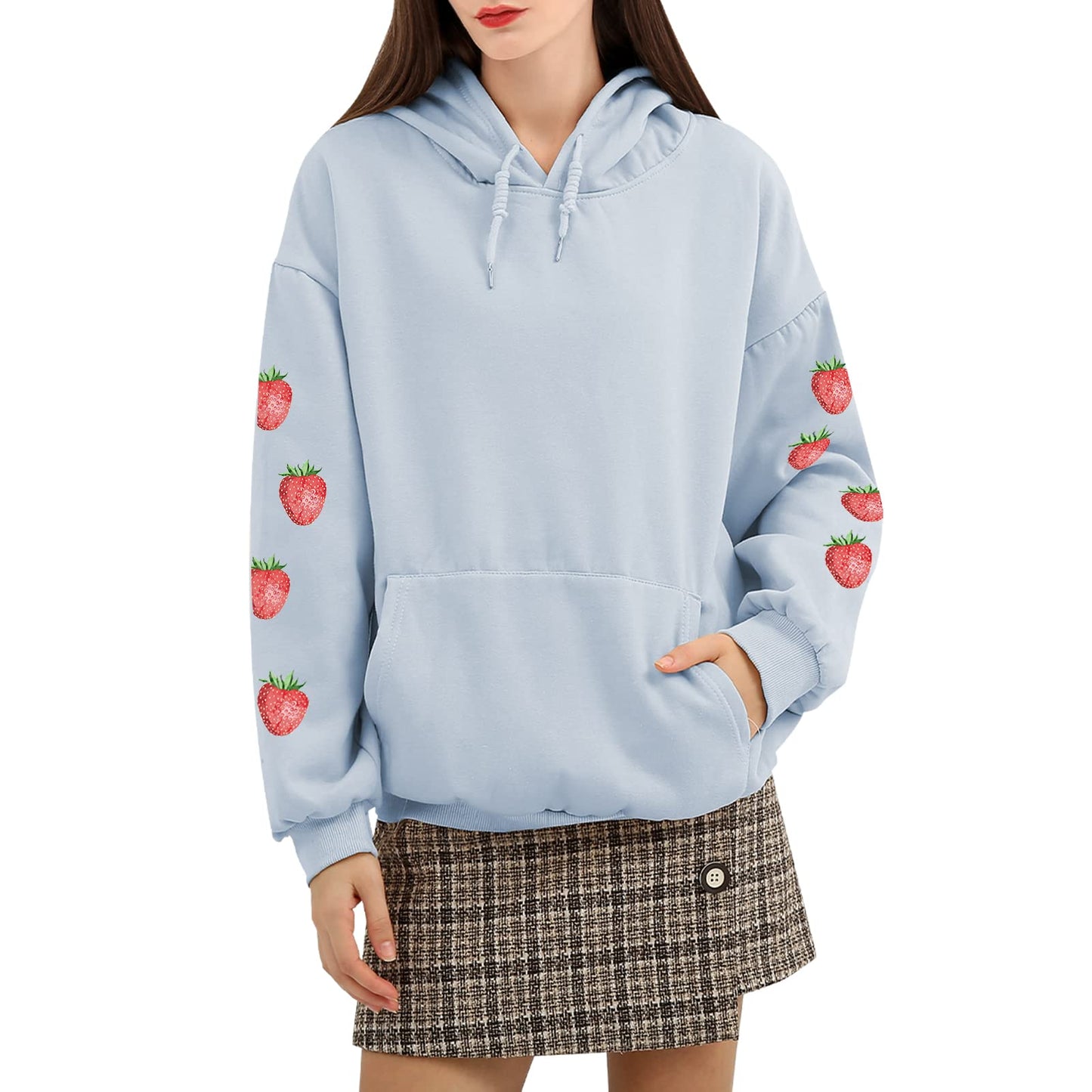 Women's Cute Sweatshirt Strawberry Sleeve Printed Cotton Warm Hoodie with Pocket