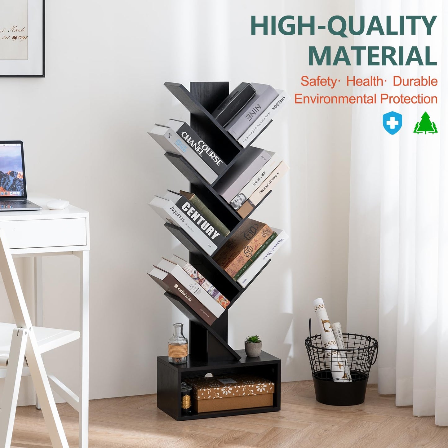 Tree Bookshelf - 6 Shelf Retro Floor Standing Bookcase, Tall Wood Book Storage Rack