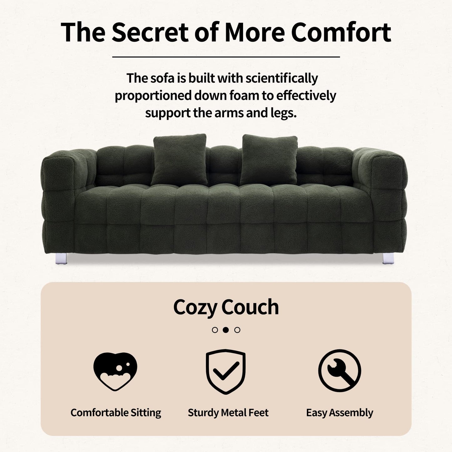 Modern Sofa Couch with Metal Legs Upholstered Tufted 3 Seater Couch with 2 Pillows Decor