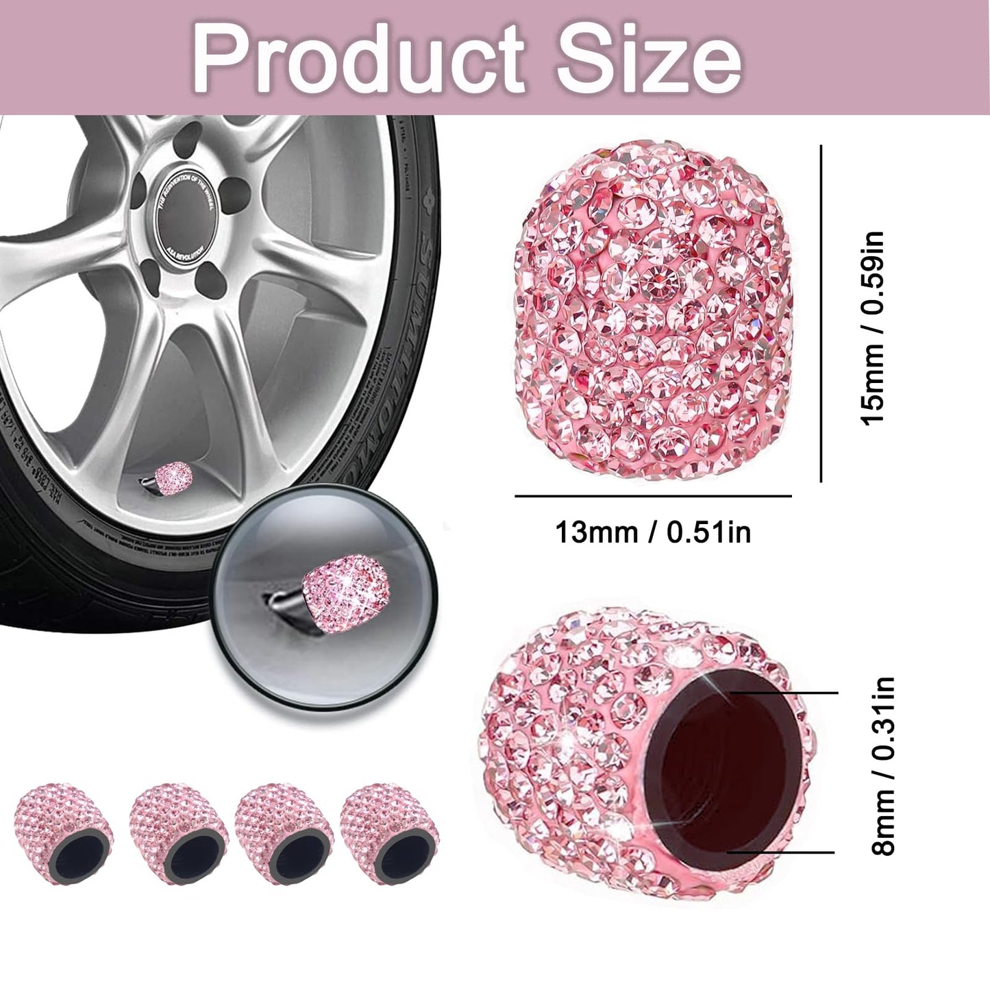 Pink Sparkling Crystal Tire Caps 4Pcs-Universal Car Tire Valve Caps Bling for Car SUV Motorcycle Bicycle Truck