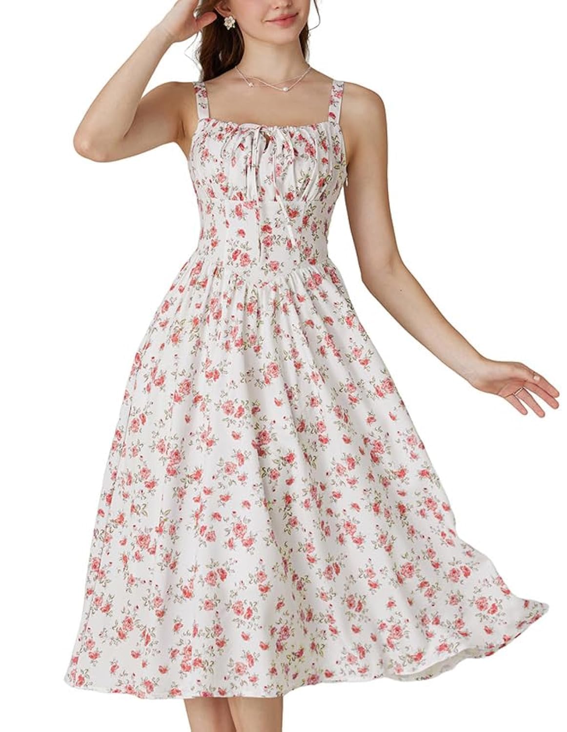 Floral Printed Corset Dress Ruched Bust Cami Flowy Sundress