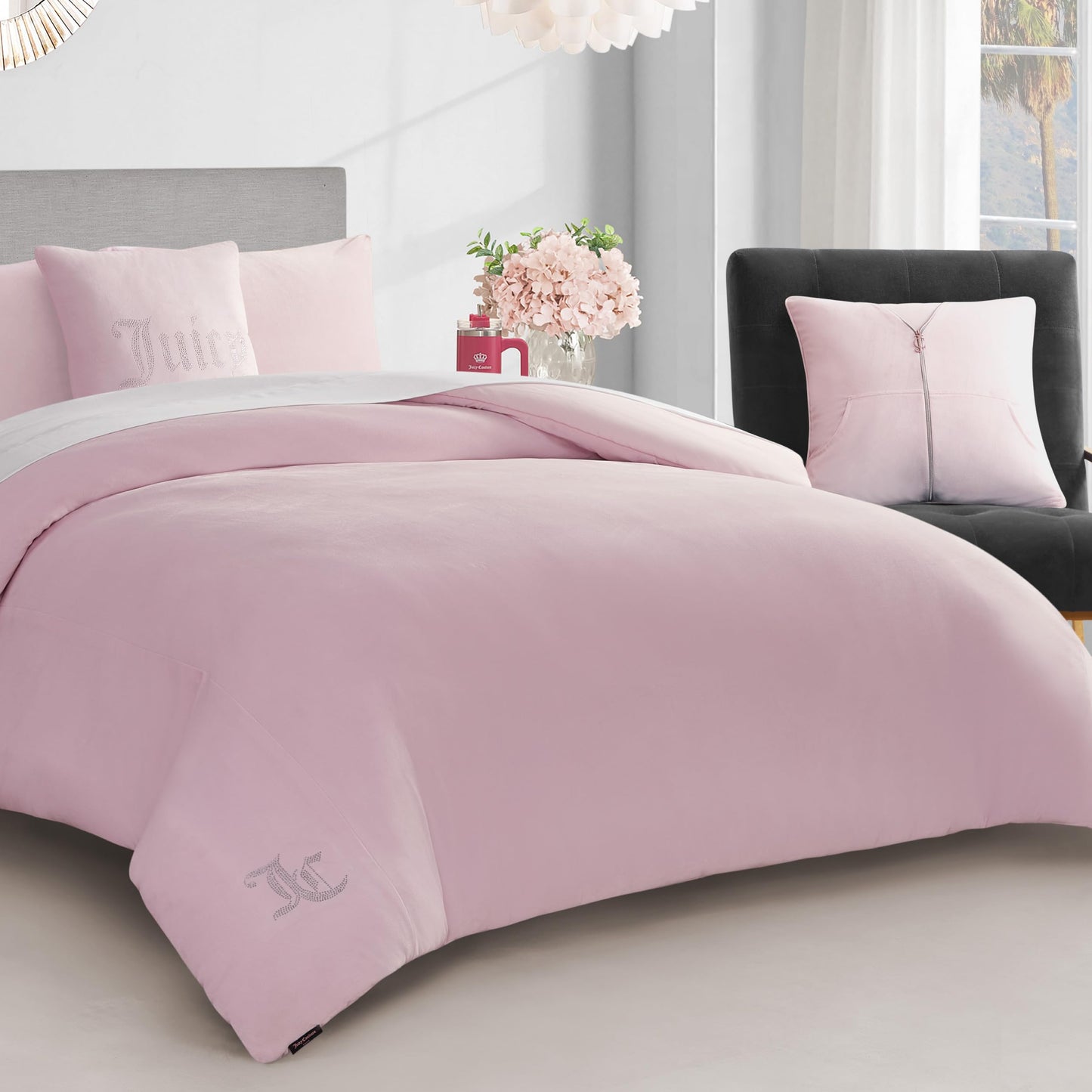 Juicy Couture Solid Velour 3-Piece King Comforter Set – Luxurious Bedding Ensemble