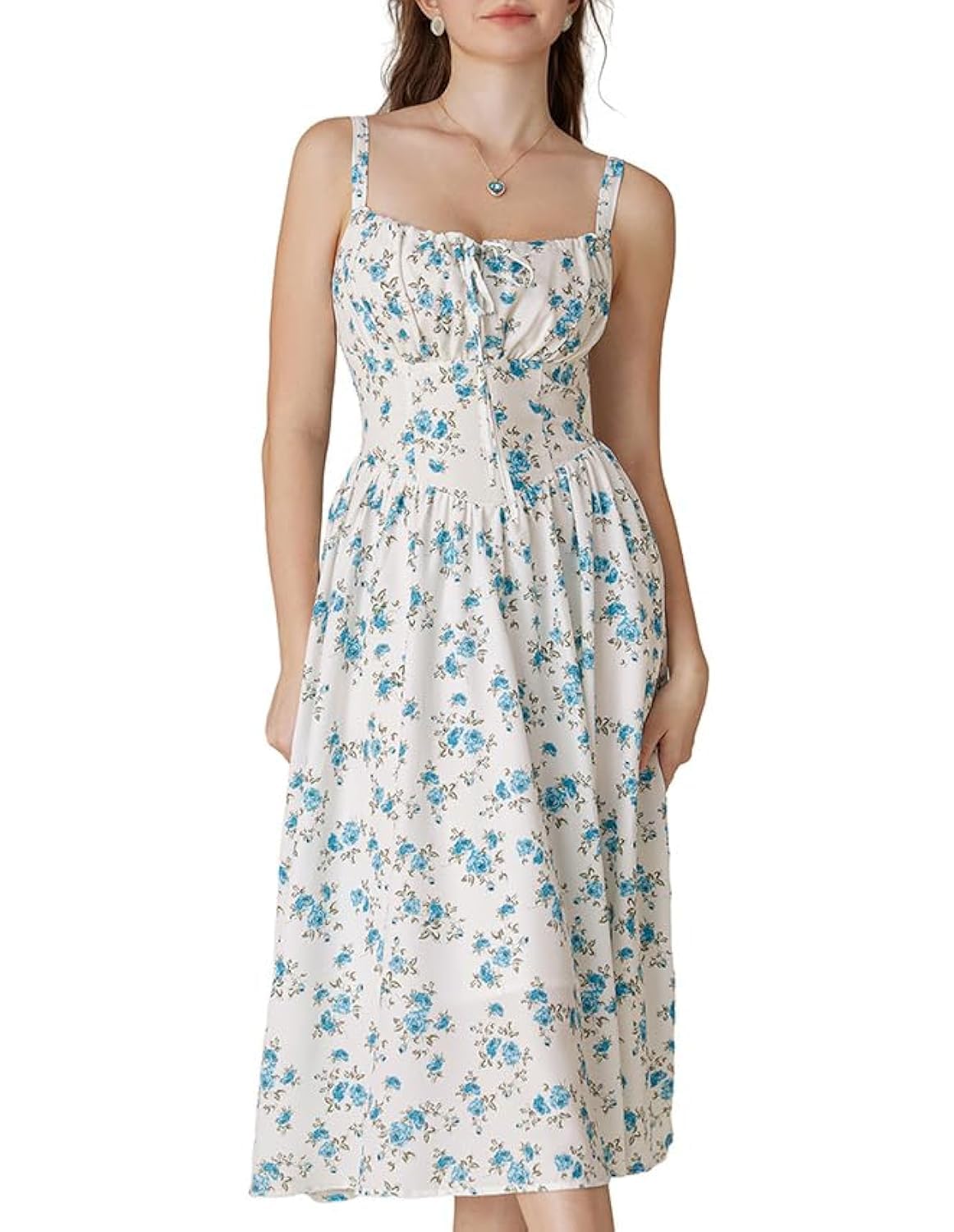 Floral Printed Corset Dress Ruched Bust Cami Flowy Sundress