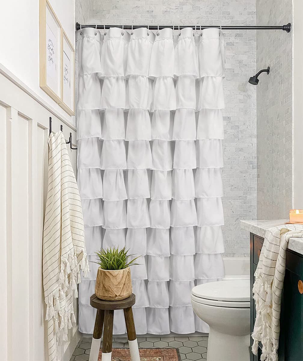 Ruffle Shower Curtain Farmhouse Rustic Fabric Cloth Shower Curtains for Bathroom, 72" x 72"