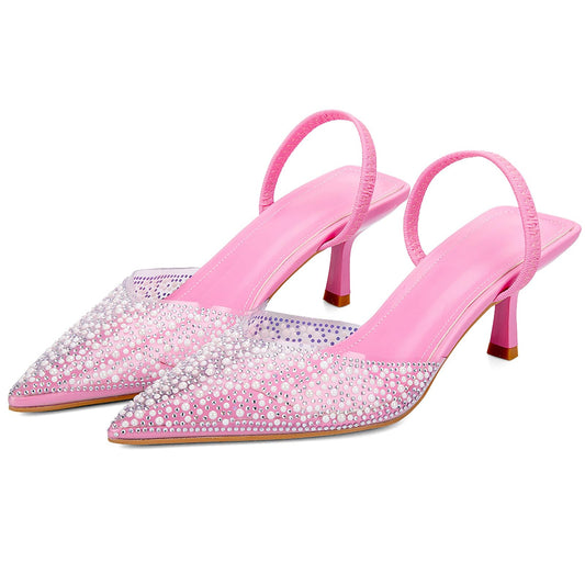 Women's Sparkly Rhinestone Slip On Clear Slingback Kitten Heels with Pearl Studded Pointed Toe