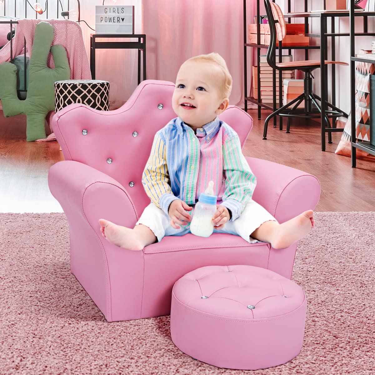 Children Upholstered Sofa with Ottoman, Princess Sofa with Diamond Decoration