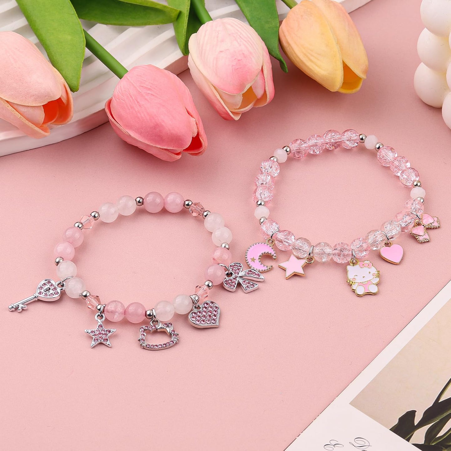 Cute Kitty Bracelet | Kawaii Set Crystal Bead Elastic Friendship Bracelets