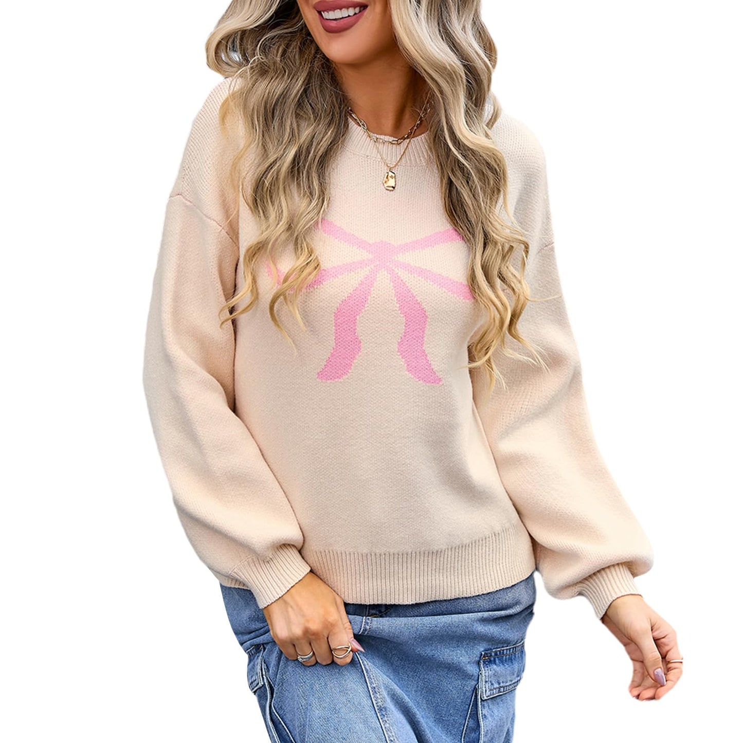 Women Oversized Y2K Fall Sweater Cute Bow Print Long Sleeve Cable Knit Pullover